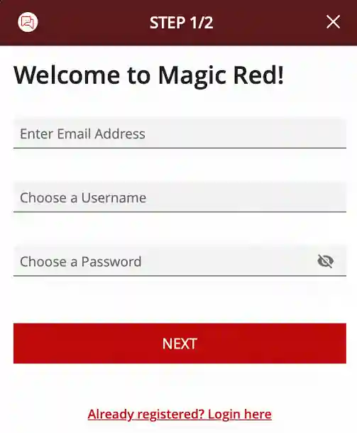 Magic Reds aktuelle registrerings- eller konto-verificeringsskærm