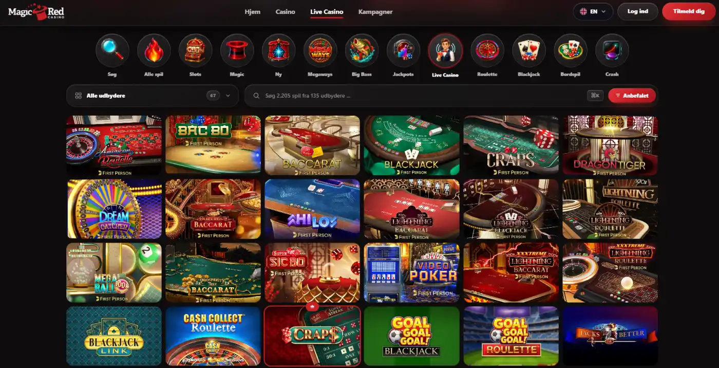 Magic Red-livekasino med aktuelle live-kategorier