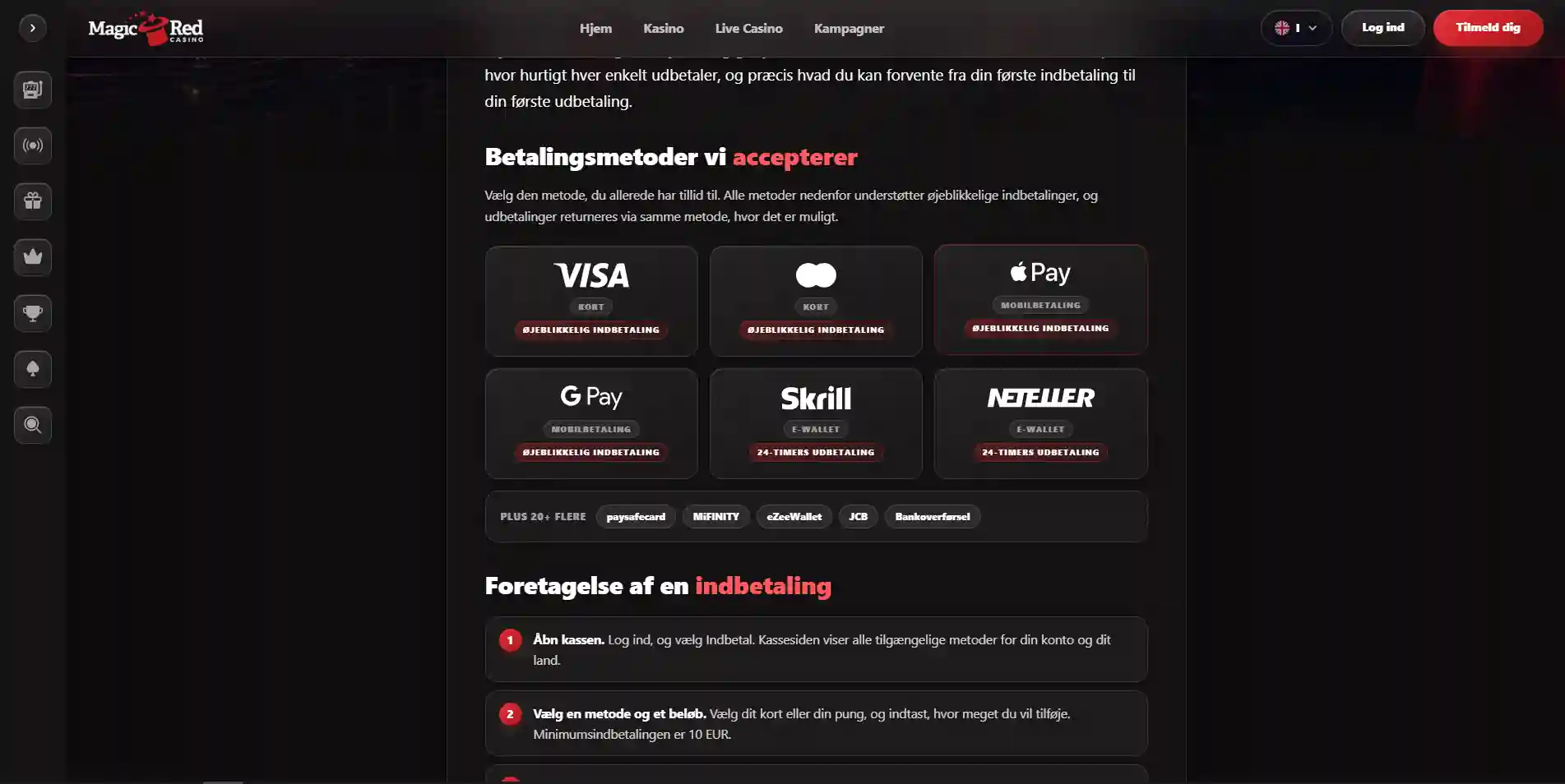 Magic Reds betalingsside med aktuelle betalingsmetoder og minimumsbeløb